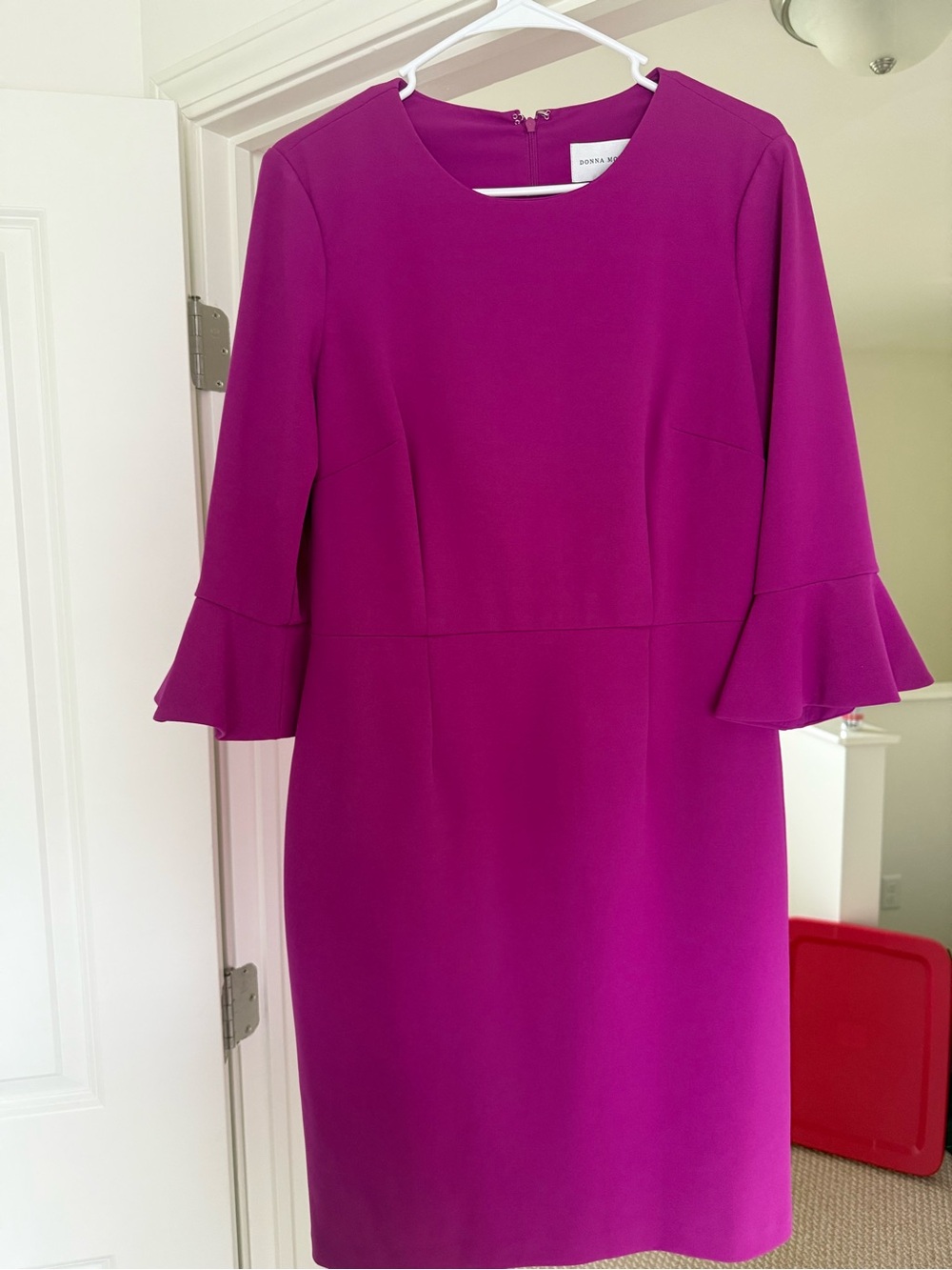 Donna Morgan Fuchsia Midi Sheath Dress with Ruffle Sleeves